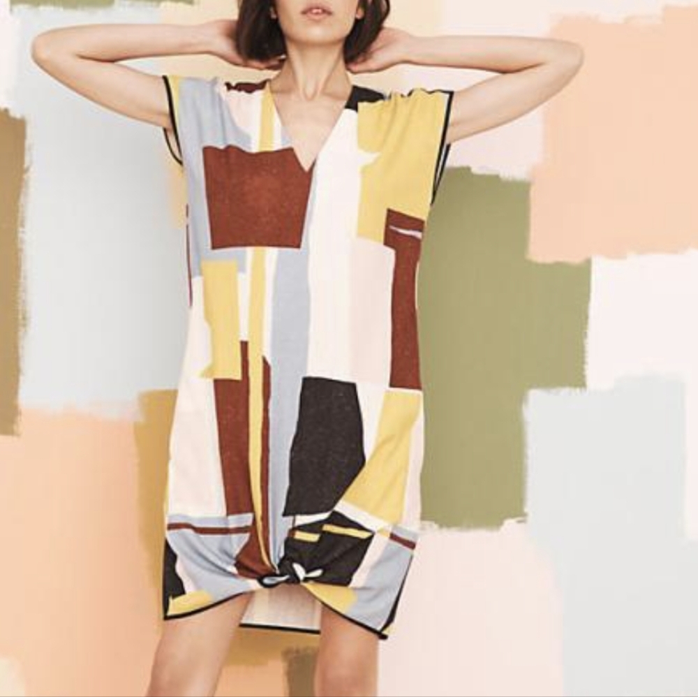 Anthropologie 34N 118 W Raw Silk Colorblock Mini Dress V Neck Split Front Small